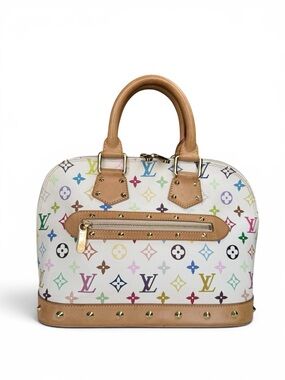 Louis Vuitton White Multicolor Monogram Alma Satchel with Tan Trim